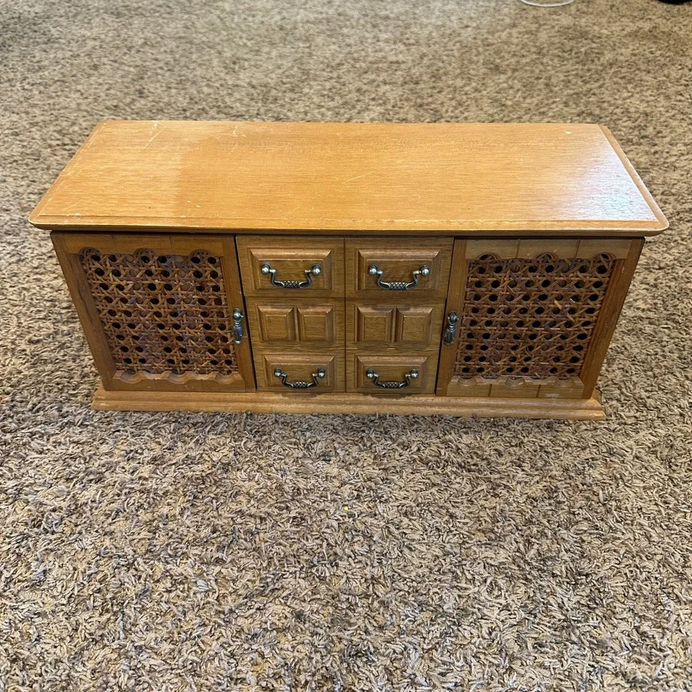 Vintage MCM London Leather‎ Wood Jewelry Box 8 Drawers Cane Doors Armoire READ